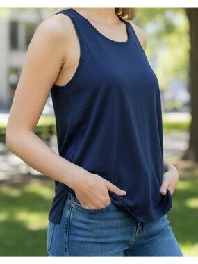 Sleeveless Navy Blue Racerback Tank Top With Laser-Cut Hem Detail Lightweight &